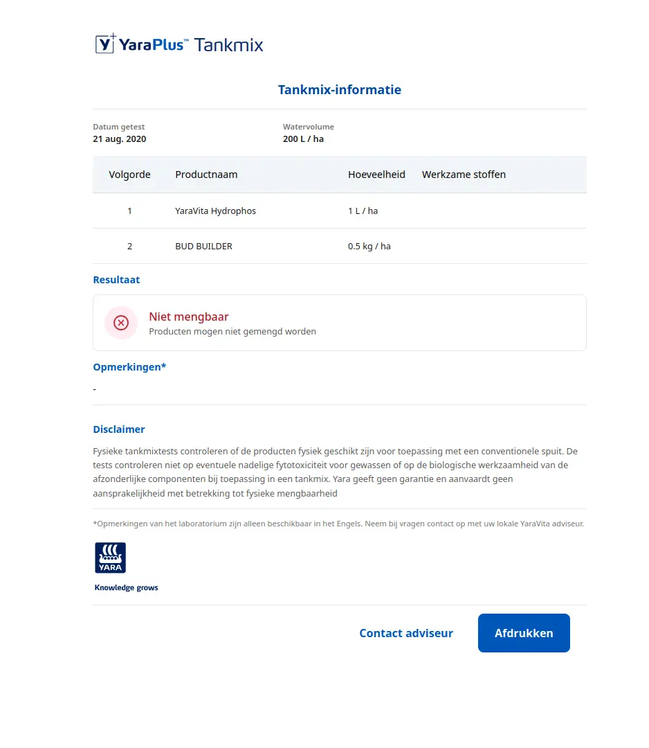 Betrouwbare aanbevelingen voor de mengbaarheid met YaraPlus Tankmix